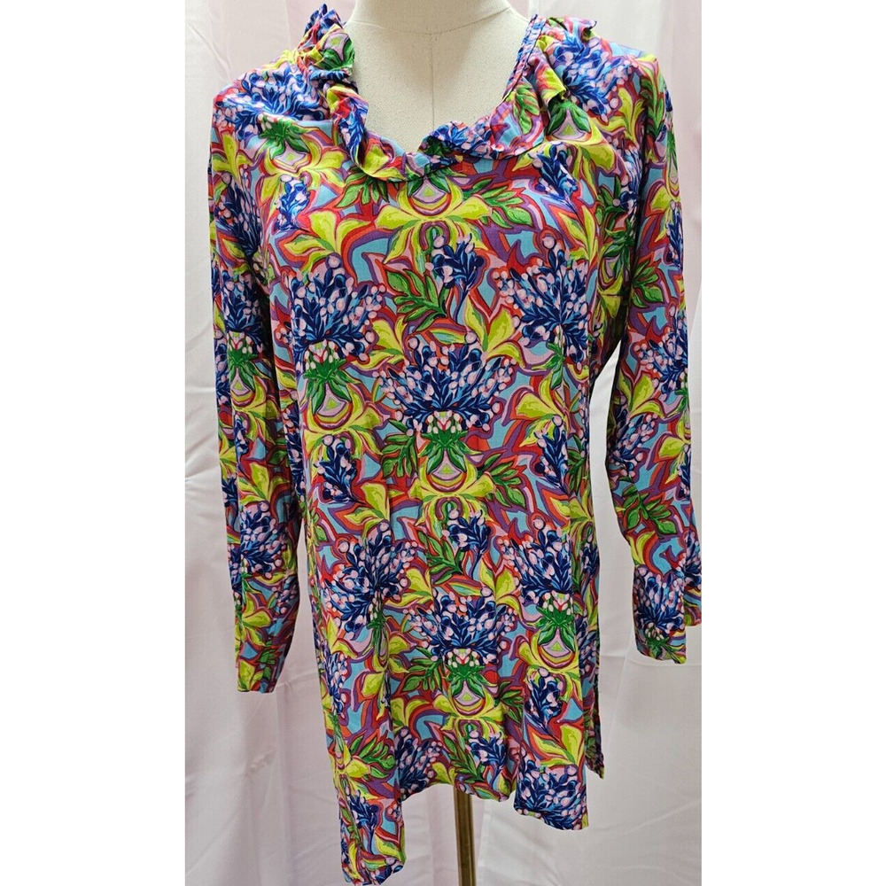 Haley And The Hound Womens Medium Colorful Floral Ruffle Neck Tunic Top Blouse‎